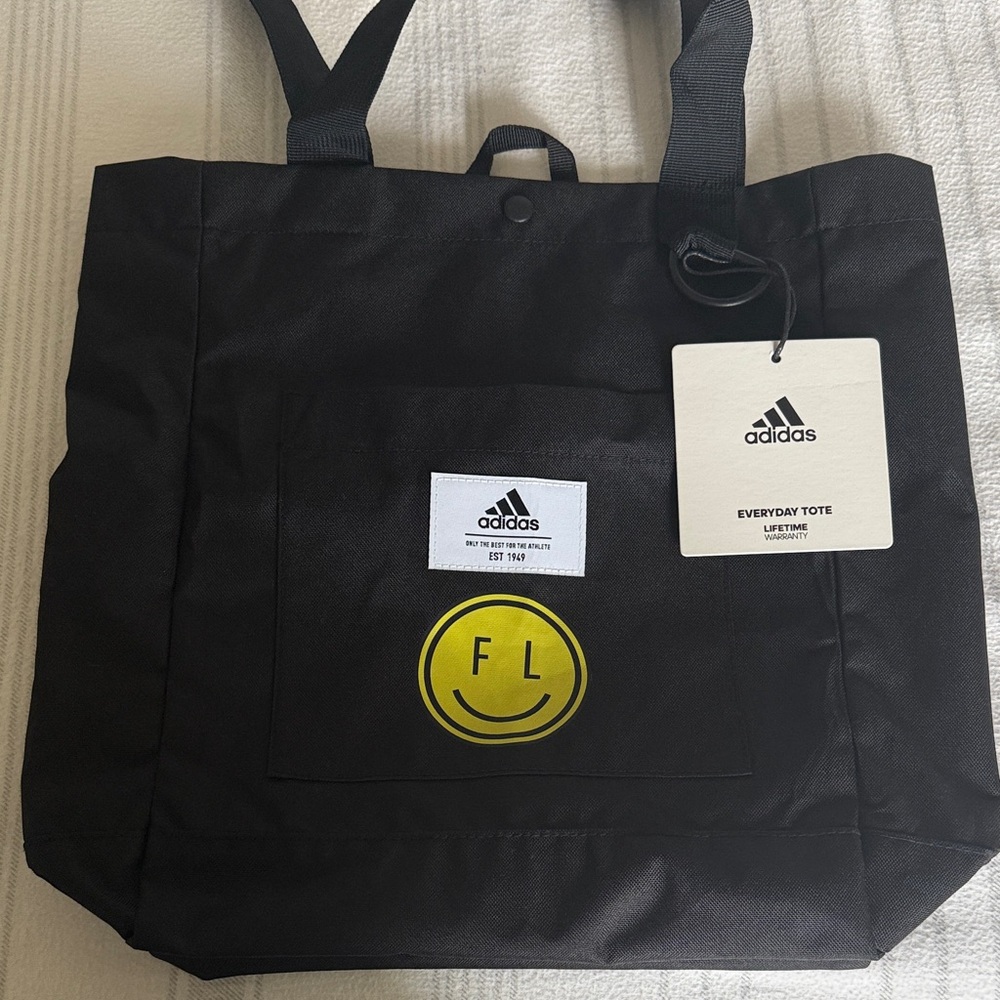 adidas Black Tote Bag with Yellow Smiley Patch